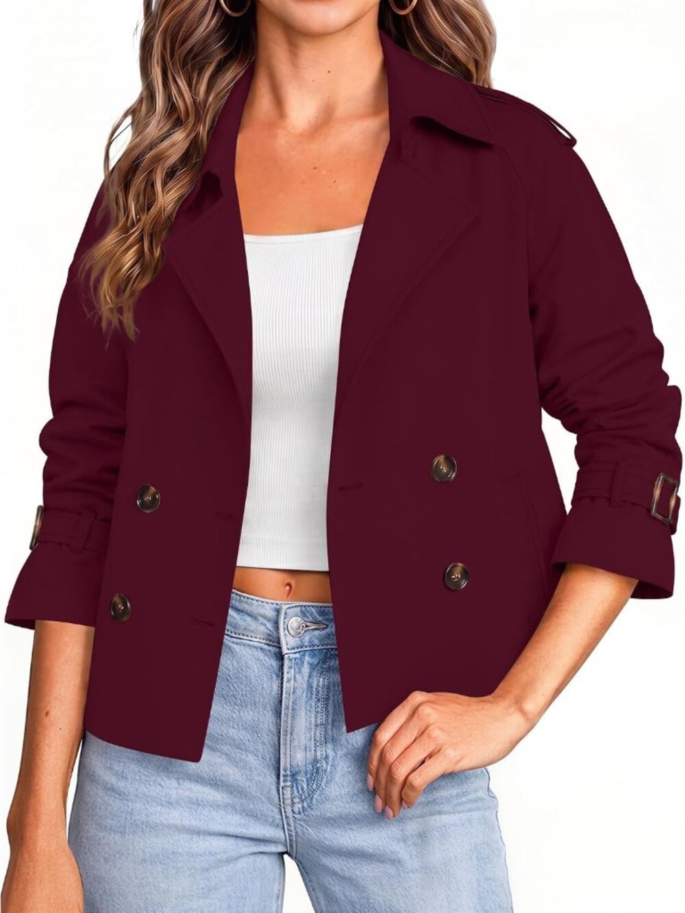 Women's Burgundy Cropped Double Breasted Raglan Sleeve Notched Lapel Trench Coat